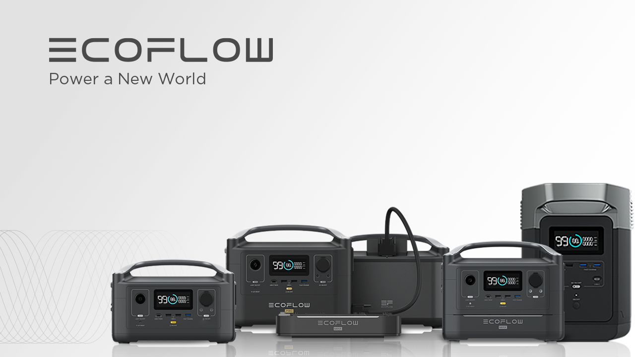 EcoFlow Display of portable solar generators and extra batteries