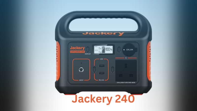 The Jackery Explorer 240 has a 240 watt-hour (16.8Ah, 14.4V) lithium-ion battery pack. It features 1* AC outlet (230V 200W, 400W peak), 2* USB-A ports, and 1* DC carport with the pure sine wave inverter.