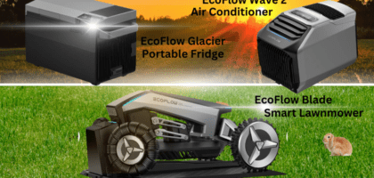 EcoFlow Wave2 air conditioner, Ecoflow Glacier portable fridge and Ecoflow blade lawnmower. All are ecoflow smart devices.