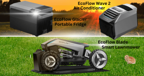 EcoFlow Wave2 air conditioner, Ecoflow Glacier portable fridge and Ecoflow blade lawnmower. All are ecoflow smart devices.